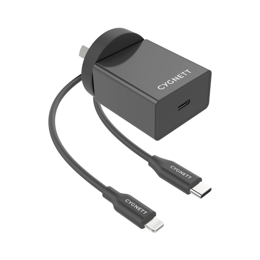 Cygnett 18W Wall Charger + Lightning to USB-C Cable Black