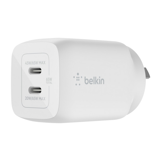 Belkin BOOST UP Dual USB-C Wall Charger GaN Technology 65W with PPS