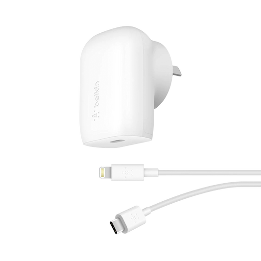 Belkin BOOSTCHARGE USB-C PD 3.0 PPS Wall Charger 30W with USB-C Cable to Lightning Connector White